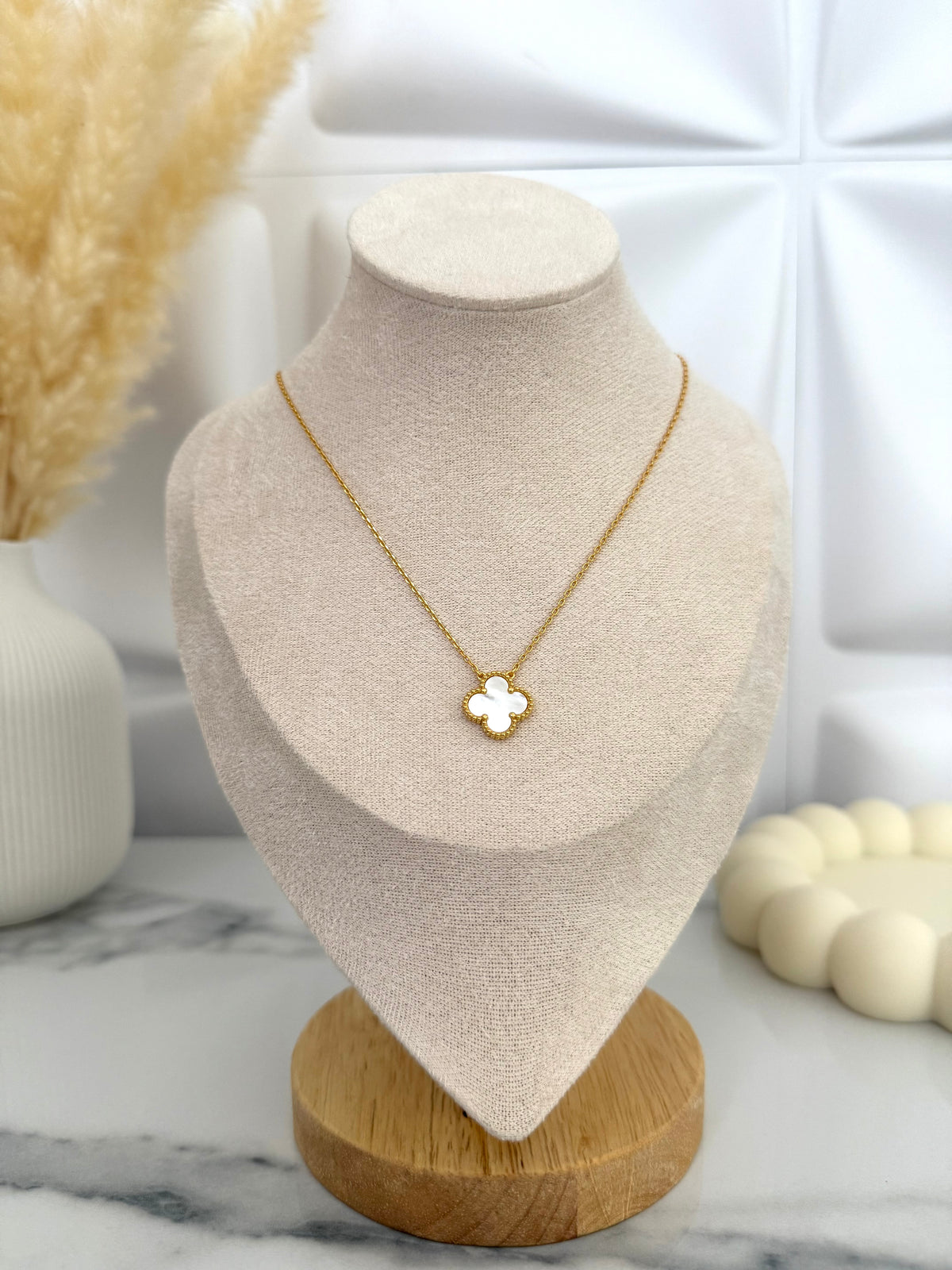 White Pearl Clover Necklace